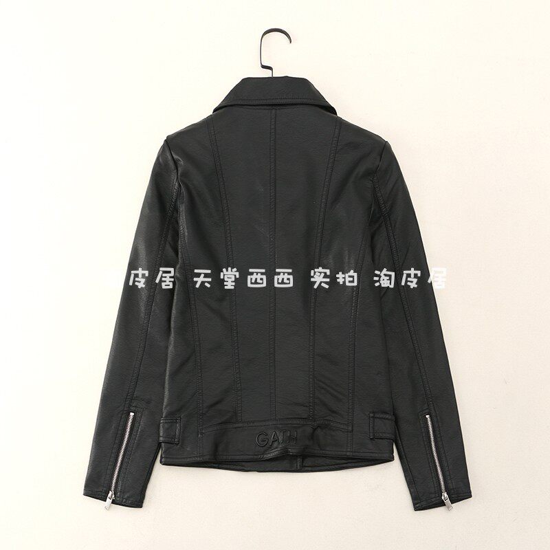 Кожаная куртка 22320韩国单~超软仿绵羊皮黑色修身帅气机车翻领皮衣外套女0.67