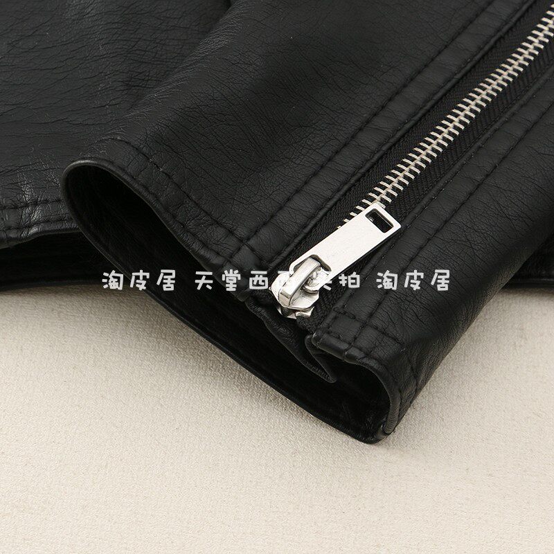 Кожаная куртка 22320韩国单~超软仿绵羊皮黑色修身帅气机车翻领皮衣外套女0.67