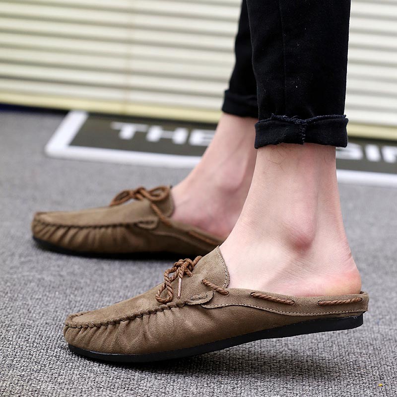 Tide Cards Summer New Pint Genuine Leather Semi-Dragged Bean Shoes Men's Korean Version Breathable 2022 Leisure sloth Baotou Half slippers