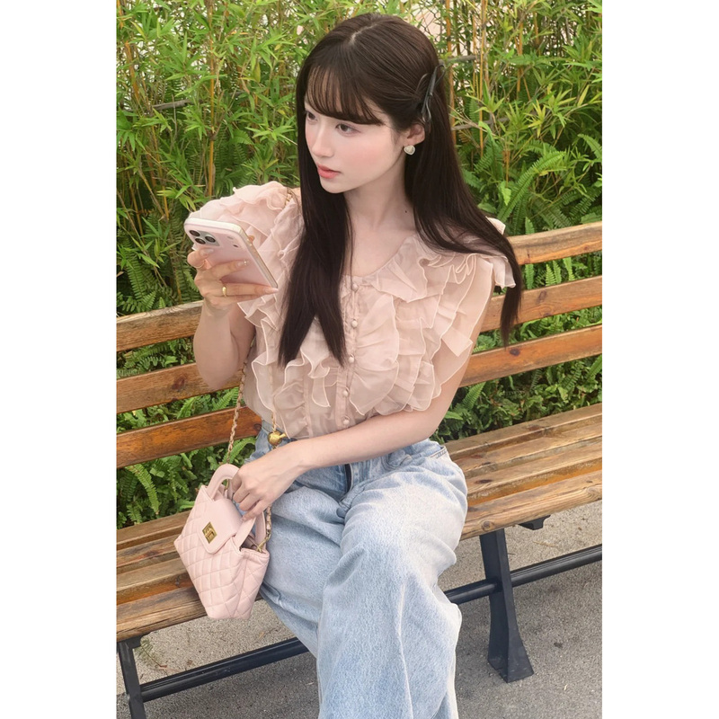Small Puff Sleeves Japanese Style Fairy-Like Elegant Chiffon Layered Tulle Bow Ruffle Flutter Sleeve Blouse for Women Small Puff Sleeves Japanese Style Fairy-Like Elegant Chiffon Layered Tulle Bow Ruffle Flutter Sleeve Blouse for Women