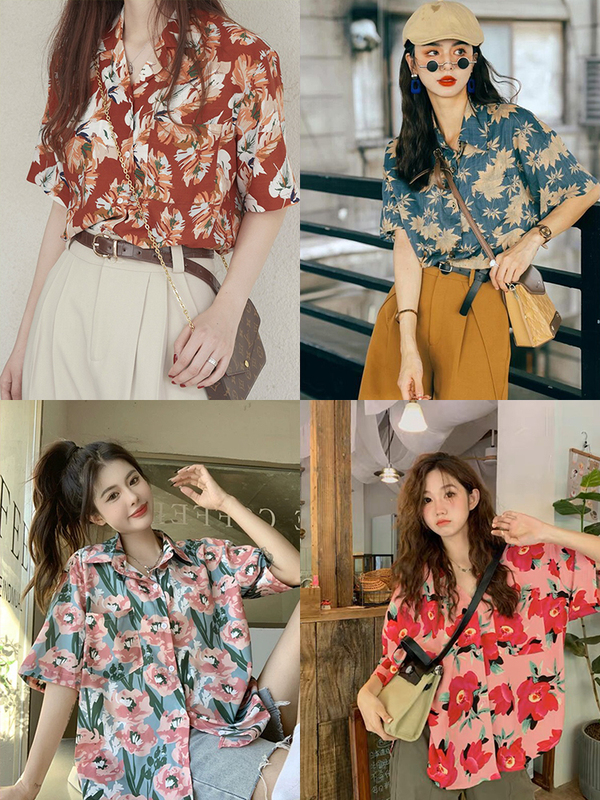 Lubuzuo Hong Kong Style Floral Shirt Short-Sleeved Women's 80S Nostalgic Retro Trendy Modern Shirt Top Performance Clothing