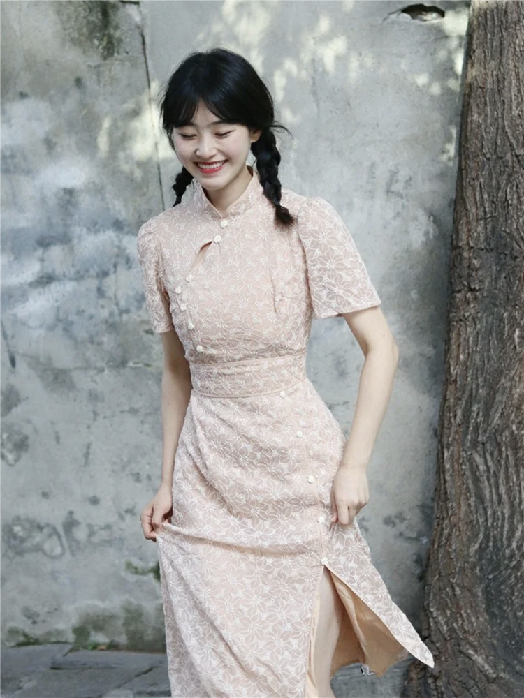 North Shore Covenant Improved Cheongsam 2022 New Women's Summer Young Girls Pink Sweet Waist Dress