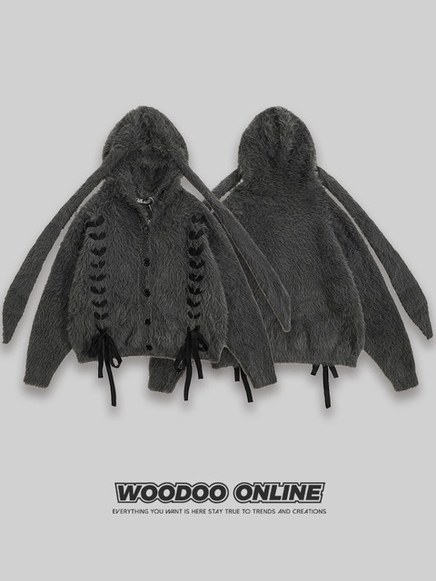 Woodoo Niche Design, Retro and Unique Hooded Tie-Up Lazy Design, Unisex Knit Sweater
