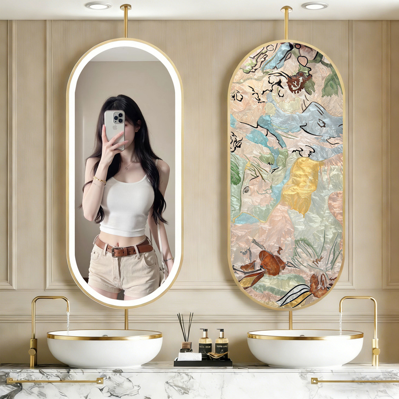 Light Luxury Enamel-Colored Hanging Mirror, Rotatable Bathroom Partition Screen, Smart Makeup Mirror with Lights, Vanity Mirror