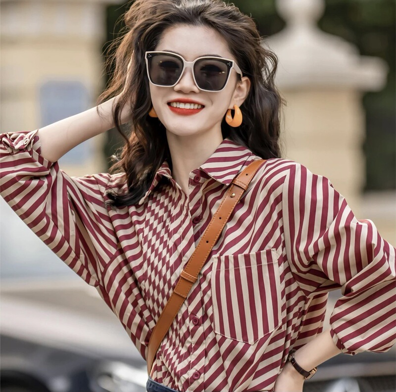 Retro Hong Kong Style 80S and 90S Women's Versatile Casual Striped Shirt Niche Top Long-Sleeve New Spring and Autumn Model