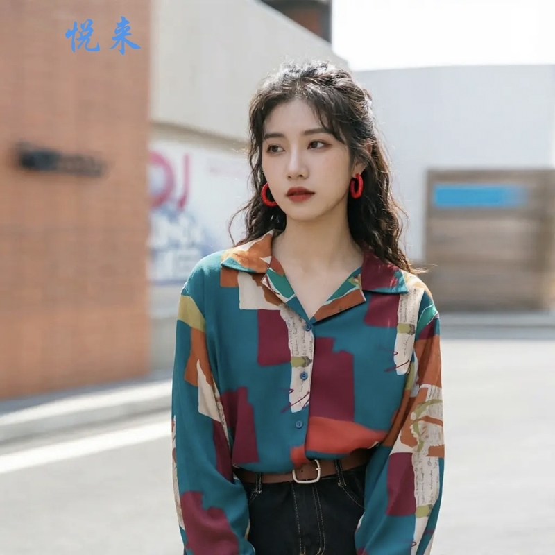 Retro Hong Kong Style 80S and 90S Floral Nostalgic Shirt for Women, Spring and Autum Long-Sleeved Shirt, Loose and Versatile Top, Trendy