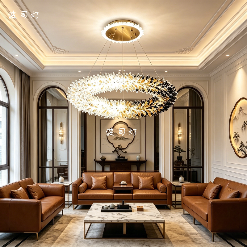 Living Room Chandelier with a Circular Design, High-End Italian-Style Light Luxury, Vintage Model for Model Rooms, High-End and Elegant French-Style Natural Crystal Lamp