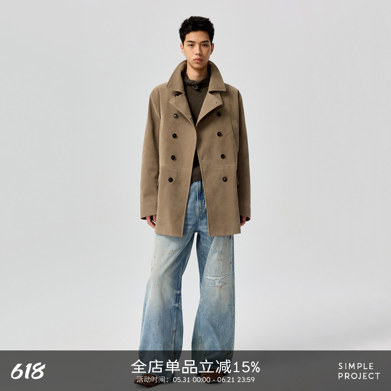 Simple Project*Suede Peacoat Suede-Like Double-Breasted Mid-Length Jacket
