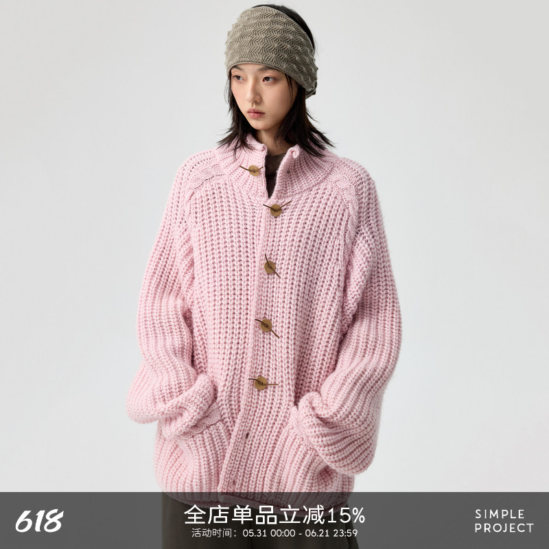 Simpleproject*High-Neck Cardigan Knotted Leather Buckle Chunky Knit Wool Turtleneck Sweater Jacket