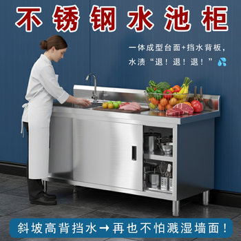 Stainless Steel Sink Cabinet with Sliding Door, Double Sink Commercial Kitchen Cabinet with Integrated Sink and Dishwashing Basin