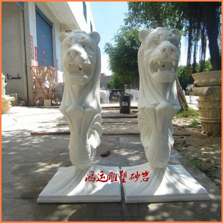 Sandstone round sculpture lion body fish tail water spray glass steel garden landscape sandstone sculpture villa flower bowl fountain material