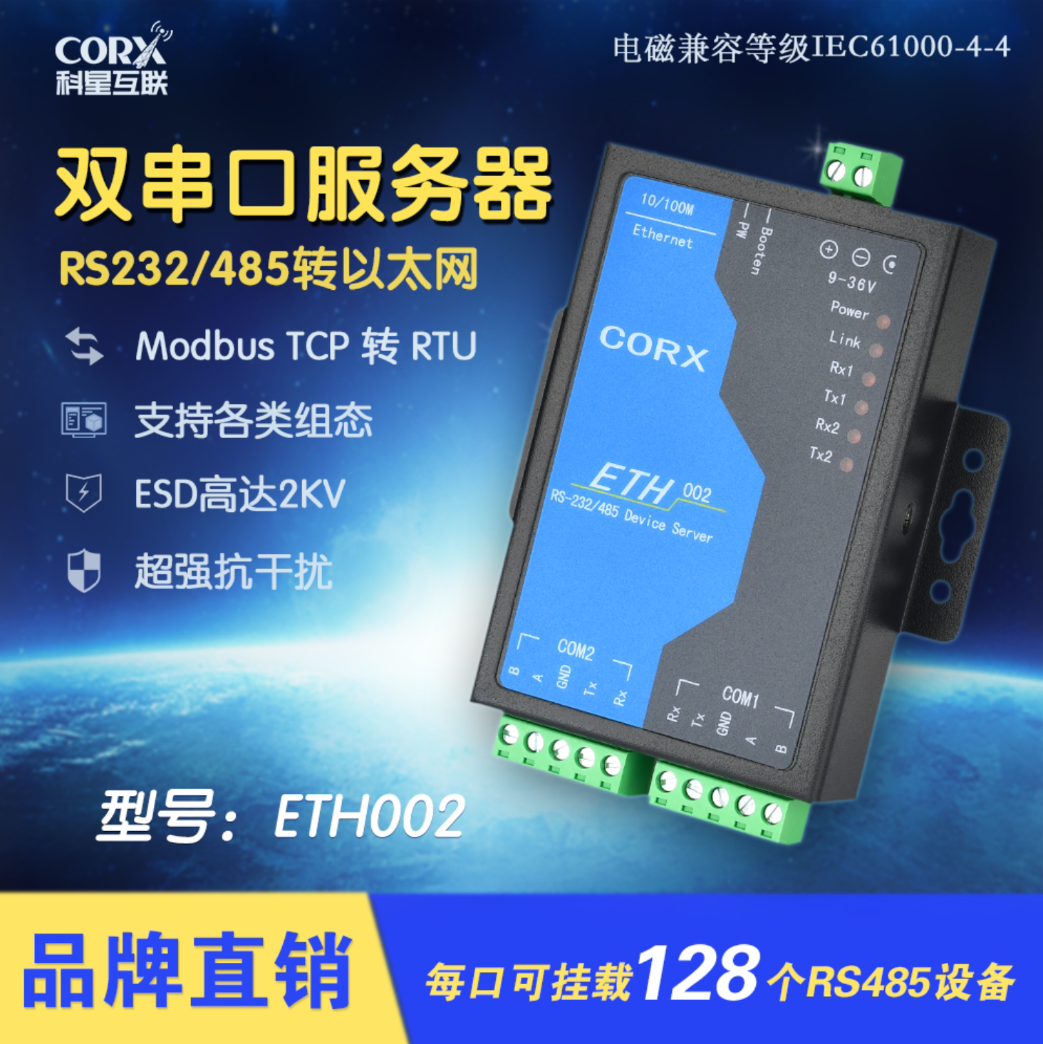 实力厂家双串口服务器 rs232转以太网 rs485 modbus tcp eth002