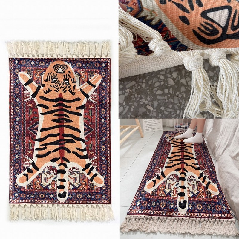 American Ethnic Style Tiger and Horse Group Cotton and Linen Tassel Carpet for Homestay Photography, Study Room, Coffee Table, Bedside Mat American Ethnic Style Tiger and Horse Group Cotton and Linen Tassel Carpet for Homestay Photography, Study Room, Coffee Table, Bedside Mat