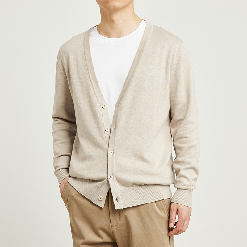 春秋薄手シンプル無地Vネックニットカーディガンメンズ純綿カジュアルオールマッチセーターエアコンシャツジャケット