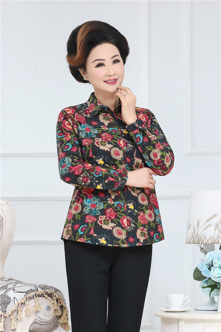 Áo sơ mi nữ trung niên cotton mới kích thước lớn mẹ tải áo cotton cotton sơ mi cũ mùa xuân và mùa thu sơ mi kẻ sọc