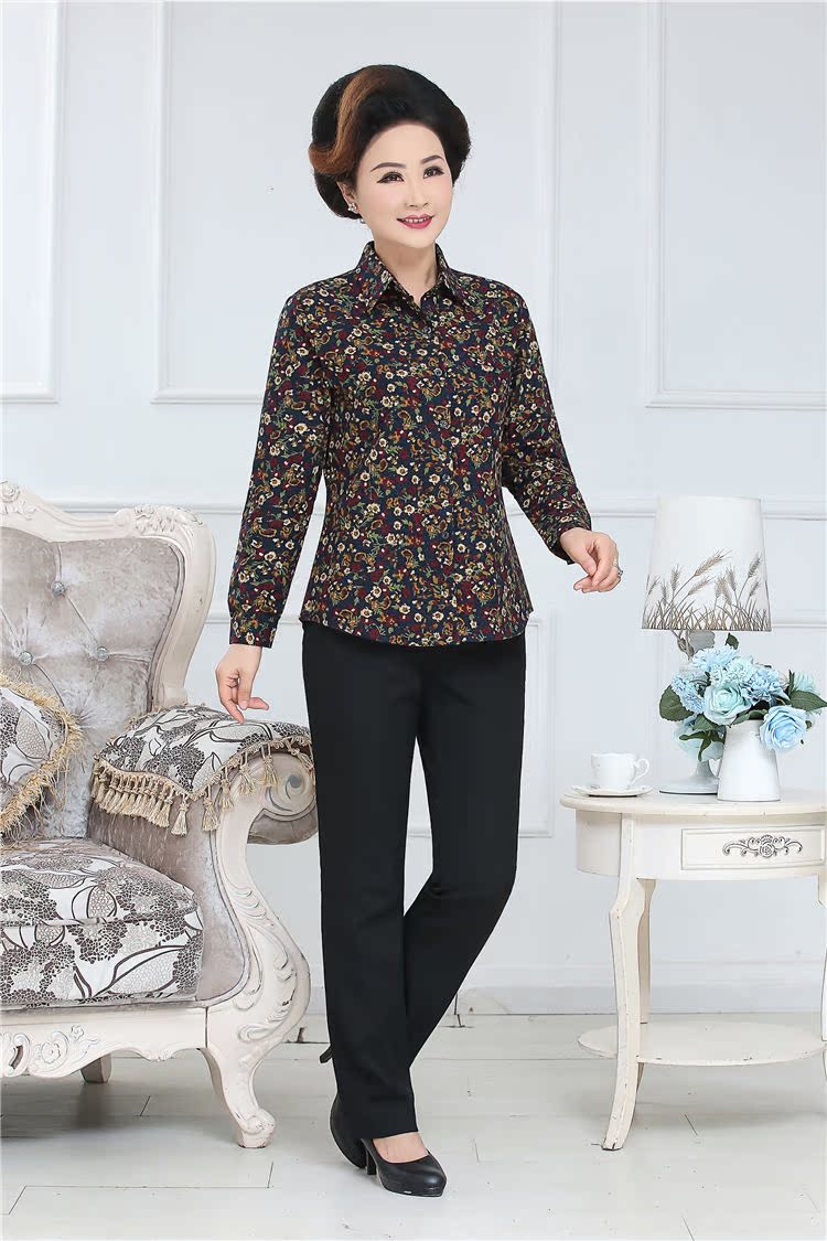 Áo sơ mi nữ trung niên cotton mới kích thước lớn mẹ tải áo cotton cotton sơ mi cũ mùa xuân và mùa thu sơ mi kẻ sọc