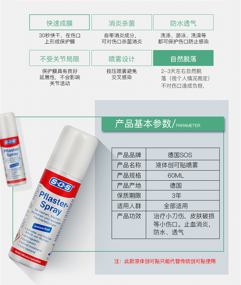 德国进口 SOS 液体创可贴喷雾 60ml 30秒成膜 防水透气 图2