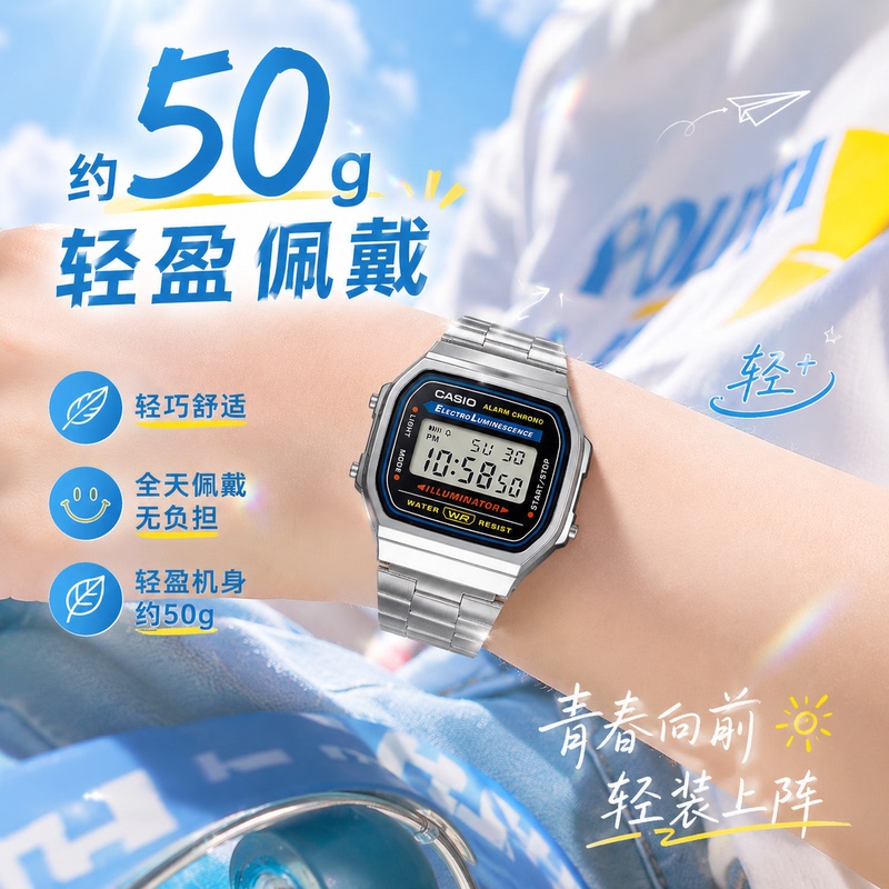 Casio Small Square Retro Classic Internet Celebrity Steel Band Couple Electronic Small Gold Watch A168W-1A
