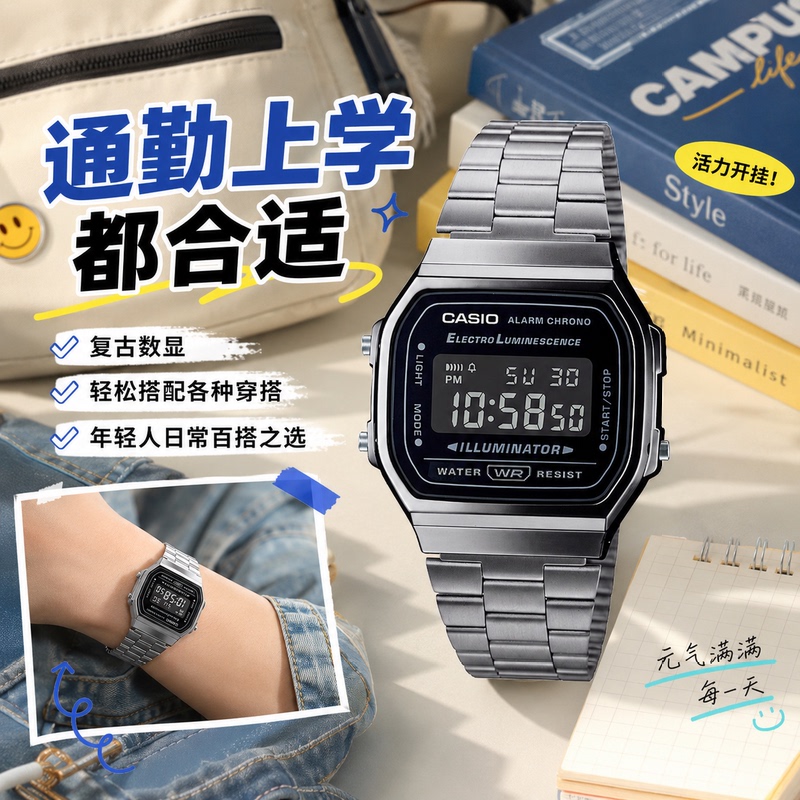 Japan's Casio Reverse Display Casio Waterproof Trendy Retro Square Digital Watch for Men and Women A168Wgg-1A/1B