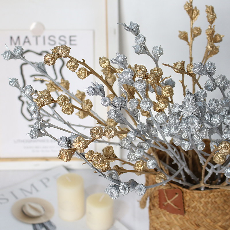 Golden Eugagliot dry flower silver dry twigs decorated with flower arrangements Diy handmade floral materials Advanced senses drying flowers