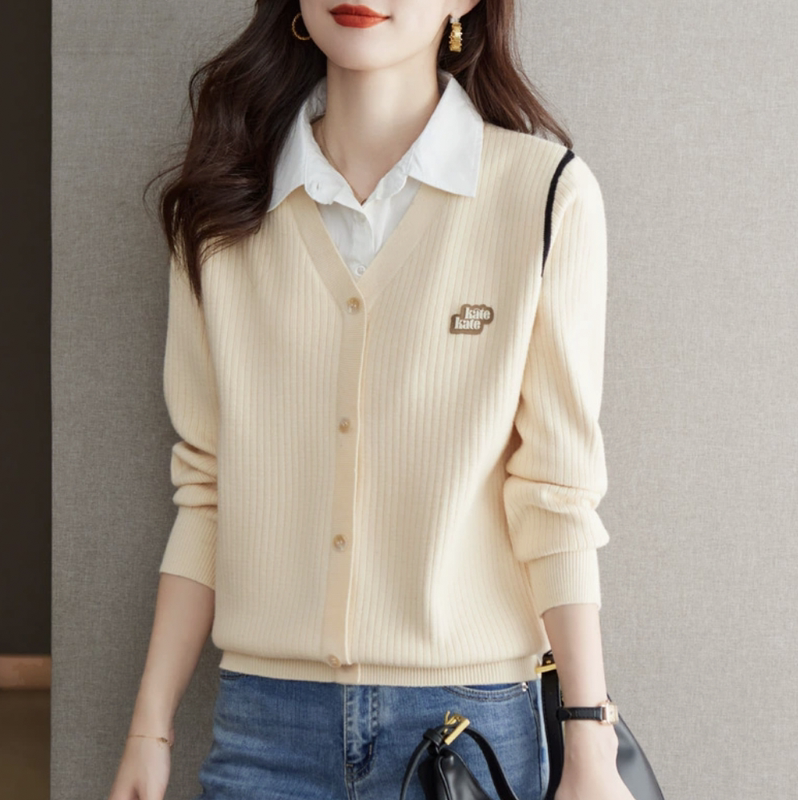 Outlet Clearance Brand Cut Off Tail Goods Fake Two-Piece Tops Western Style Spring & Fall Shirt Collar Loose Knitted Sweater