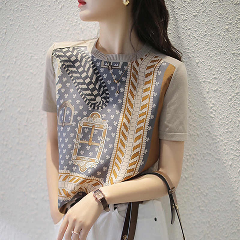 Outlet Clearance Foreign Trade Cut-Label Surplus Summer Printed Short-Sleeve T-Shirt for Women, Silk Blend Ice Silk Knit Top