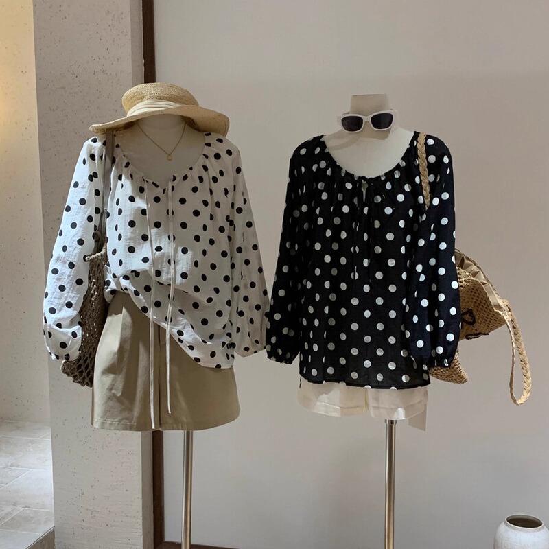 Arou Ree's Original Lightweight Polka Dot Japanese-Style Loose Retro Polka Dot Blouse for Women