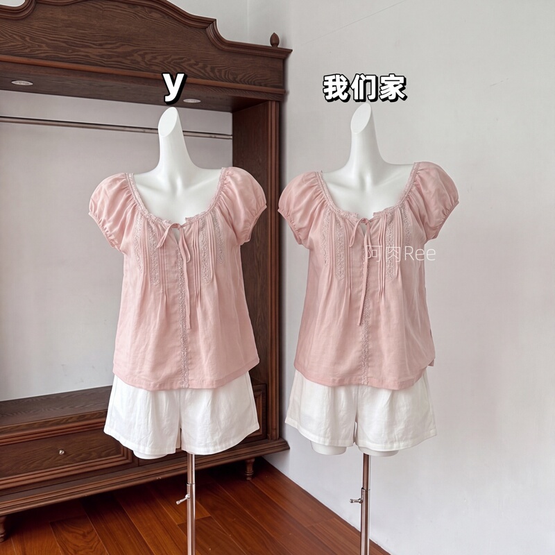 Arou Ree Lace Sweet Blouse~ Korean Style Versatile Tencel Ramie Lace-Up Puff Sleeve Tuck Pleat Babydoll Blouse Arou Ree Lace Sweet Blouse~ Korean Style Versatile Tencel Ramie Lace-Up Puff Sleeve Tuck Pleat Babydoll Blouse