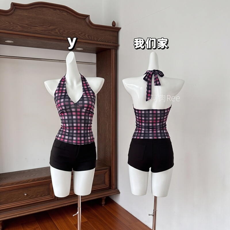 Arou Ree Neon Pink Rebellious Girl Style Plaid Top with Deconstructed Elastic Halter Neck Vest