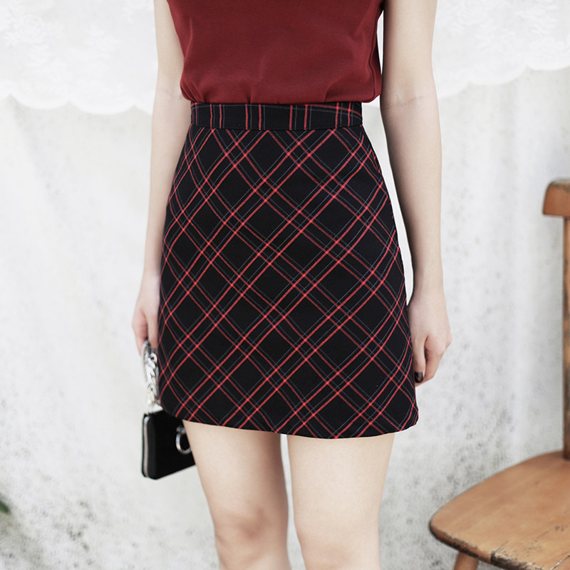 MUCHA Original Design Classic Red Black Plaid High Waist Half Body Dress Academy Wind A word dress Slim Short Skirt Woman-Taobao