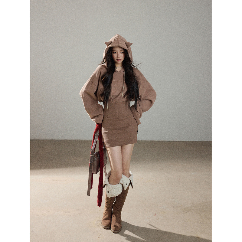 Muuros Cat Girl Style Autumn Hot Girl Waist-Cinching Dress Bodycon Skirt Short Skirt Women's Autumn and Winter Sweatshirt Dress