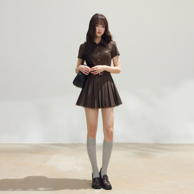 Muuros Spicy Girl Short-Sleeved Petite Preppy Style Waist-Cinching Pleated Dress Short Skirt Shirt Dress Women's Skirt Summer