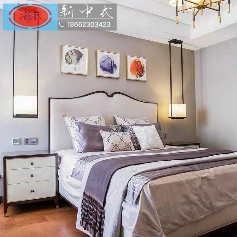 New Chinese simple fabric Mou Zen modern master bedroom single double 18 meters solid wood villa hotel furniture