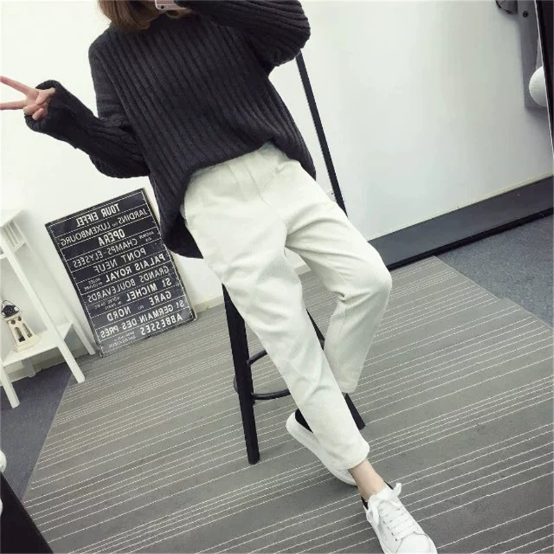 Mùa thu đông 2018 mẫu Hàn Quốc retro quần nhung kẻ sọc harem quần nữ mỏng giản dị quần dày cashmere