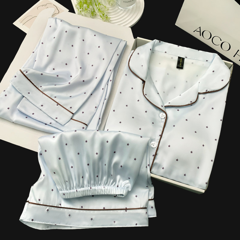 Light Luxury Cool Ice Silk Short-Sleeved Pajamas for Women in Summer with Chest Pads, Thin Three-Piece Set, Blue Star Home Wear