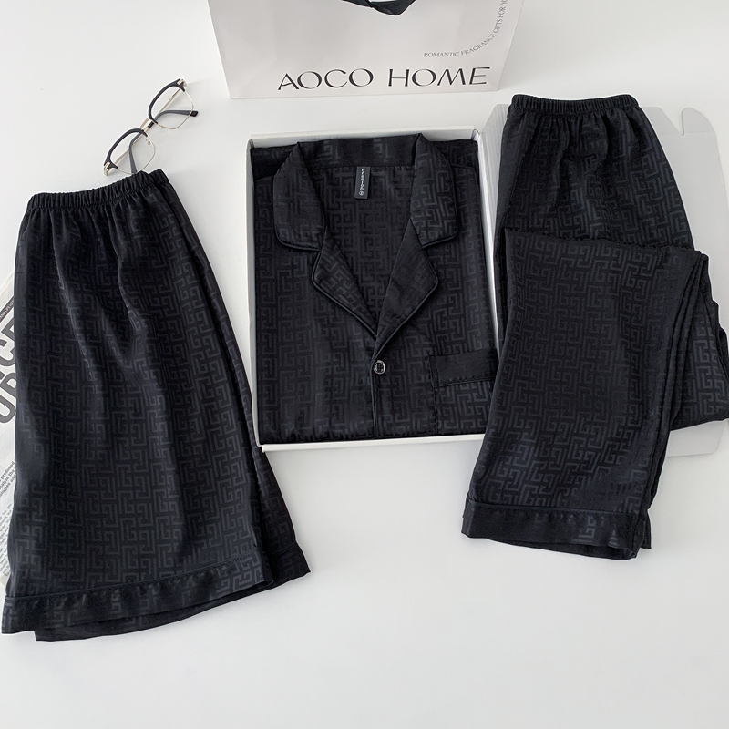 Black Men's Ice Silk Pajamas, Summer High-End Cool Three-Piece Set, Men's Short-Sleeved Satin Loungewear That Can Be Worn Outside