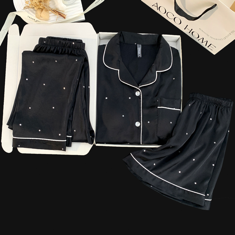 Black Silver-Embossed Star Ice Silk Short-Sleeved Three-Piece Set for Women in Summer with Chest Pads, Light Luxury Silk Cool-Feeling Loungewear