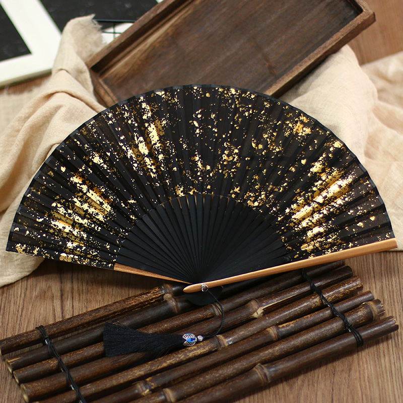 Chinese fan 6 inches gold and silver sprinkle with silver real silk female style ancient wind white face retro folding fan classical photography