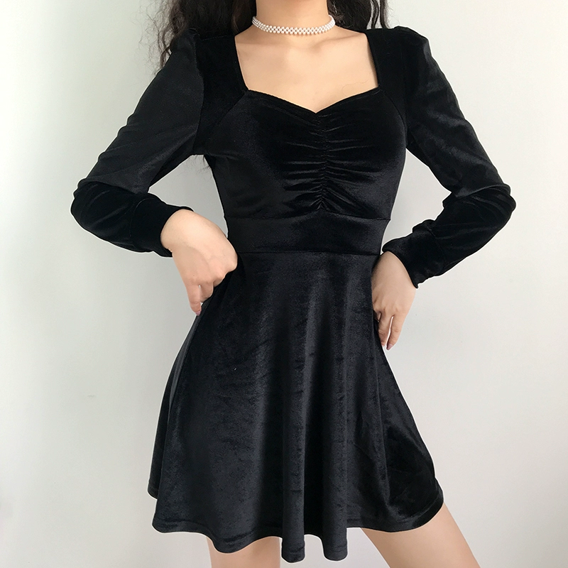 Amyway sản phẩm mới retro cung điện phong cách nhung cổ vuông váy phồng váy a-line váy eo cao váy ôm nữ váy ngắn - A-Line Váy
