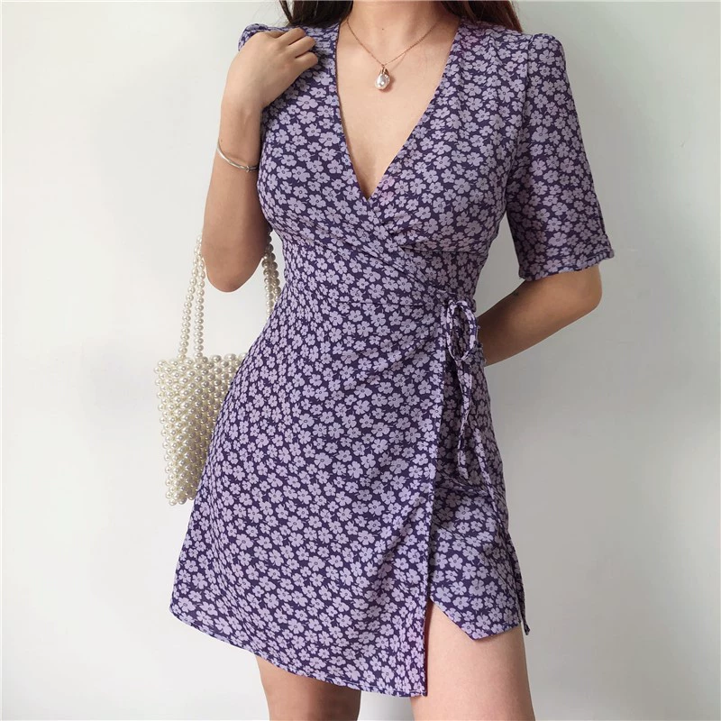 Amyway Pháp khí chất retro váy hoa voan không đều cổ chữ V váy mỏng gợi cảm váy chữ A nữ - A-Line Váy