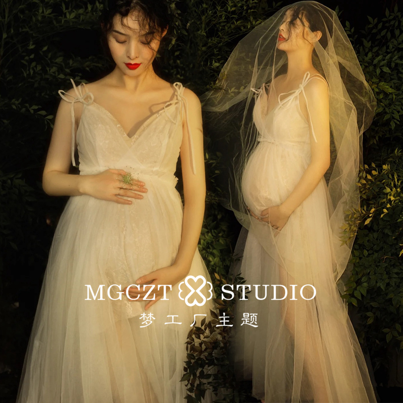 Exhibition's new pregnant woman mommy writing really fresh and white lace wedding photo gown for a real photo gown