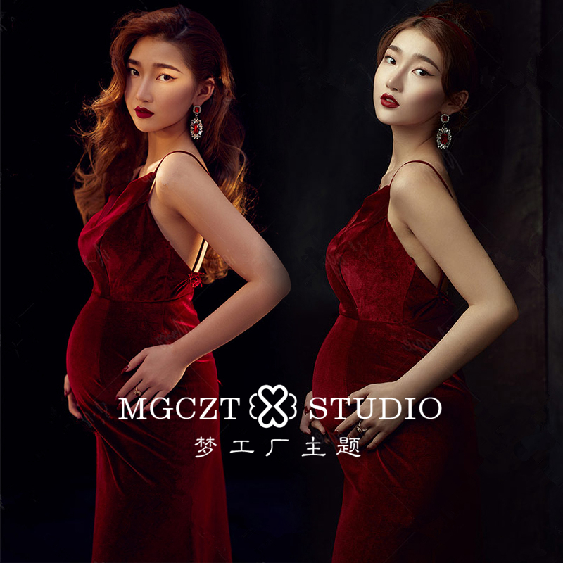 2020 Exhibition New Pregnant Women's Clothing Clothing Building Pregnancy Harbour Wind Red Velvet Dresses