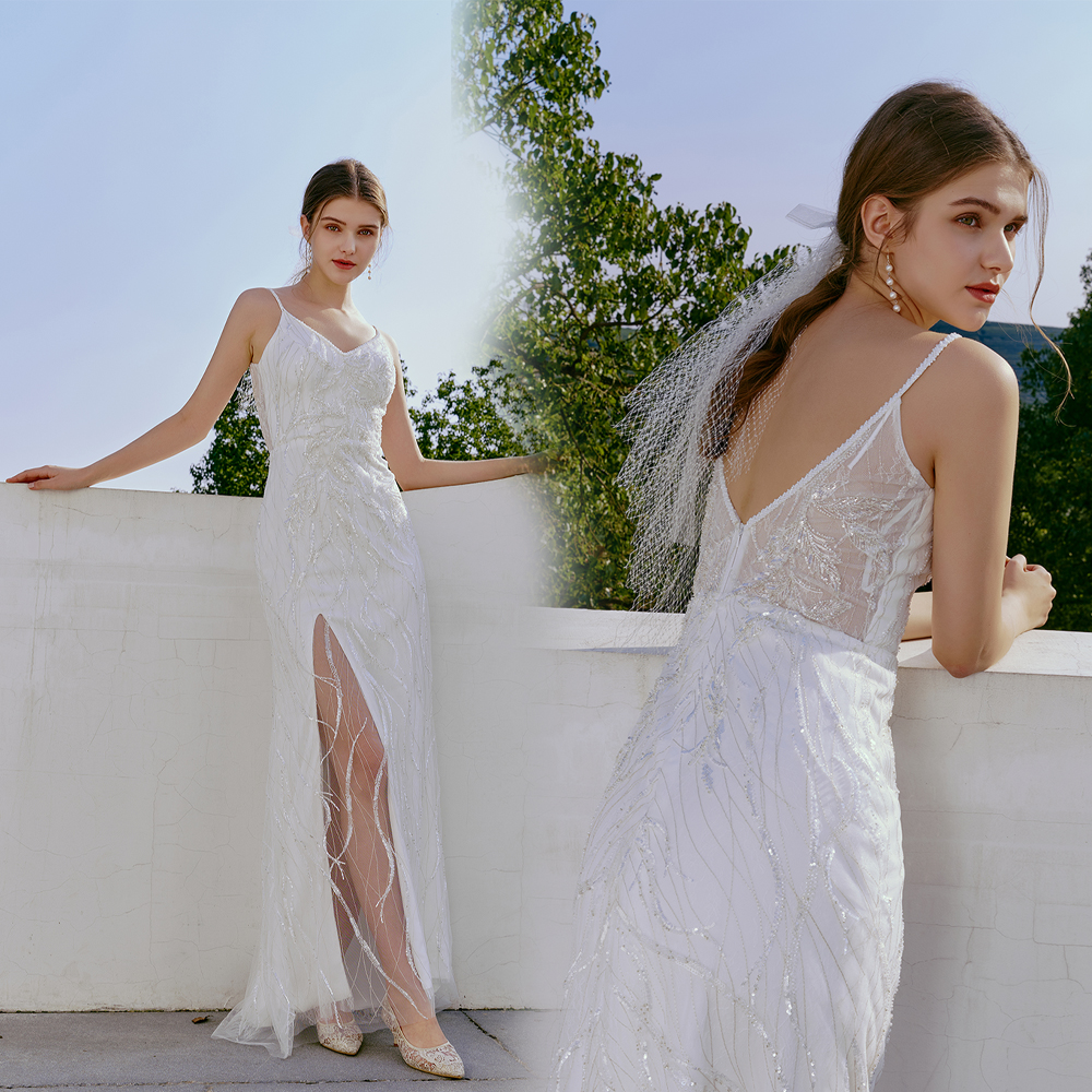 Founder Fanna original handmade nail beading harness V neckline glutes slim open fork Lace Light Wedding Dresses Dress Beach Dress