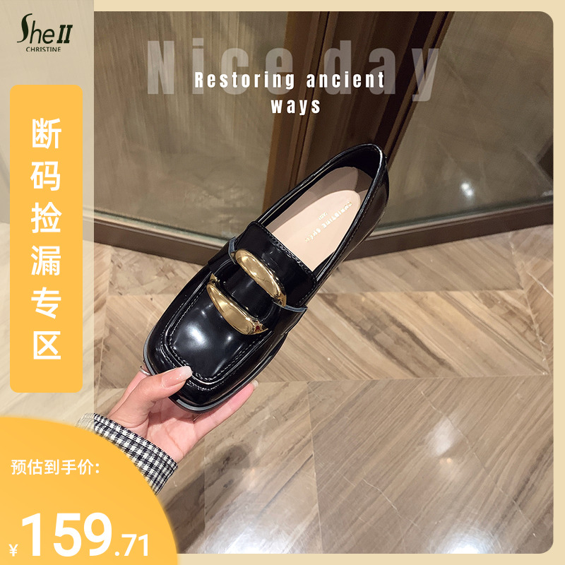 Baroque Manor ~ Leather square metal button rough heel shoes of Lefu shoes