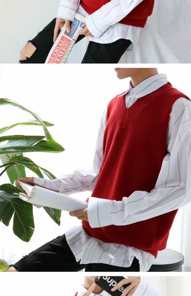 Hàn Quốc Dongdaemun mùa thu mới áo len nam vest vest đan cổ chữ V không tay áo vest màu rắn vest nam đẹp
