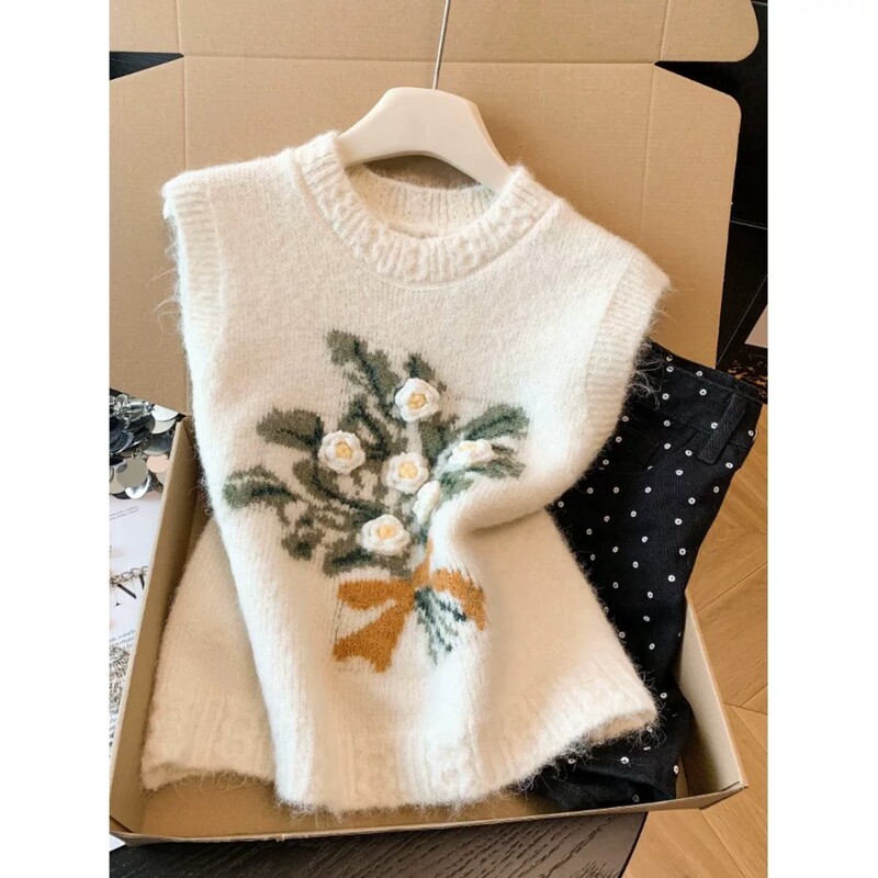 Gentle Style Three-Dimensional Floral Round-Neck Knitted Vest for Women, Spring and Autumn 2026 New Style, Loose Fit, Outerwear Layering Sweater Gentle Style Three-Dimensional Floral Round-Neck Knitted Vest for Women, Spring and Autumn 2026 New Style, Loose Fit, Outerwear Layering Sweater