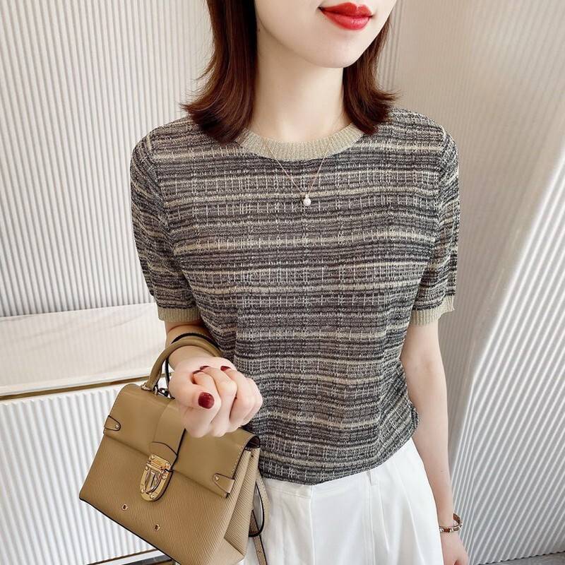 Summer Thin Ice Silk Short-Sleeved Women's T-Shirt 2025 New Design Striped Loose Hollow Knitted Base Shirt