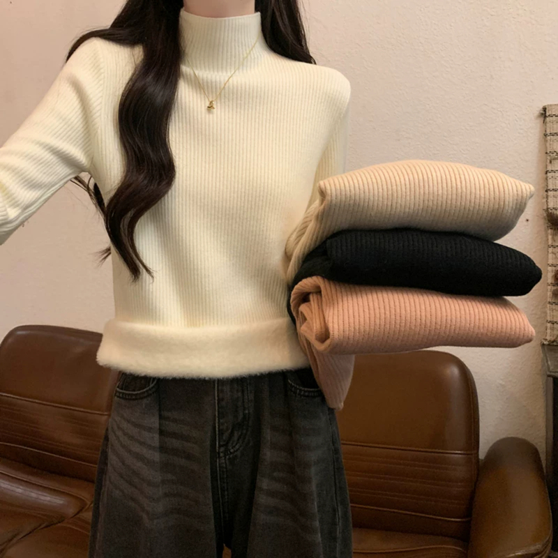 Autumn and Winter Thickened Fleece Half-Turtleneck Sweater for Women 2026 New Style Integrated Fleece Knitted Base Layer Warm Top Autumn and Winter Thickened Fleece Half-Turtleneck Sweater for Women 2026 New Style Integrated Fleece Knitted Base Layer Warm Top