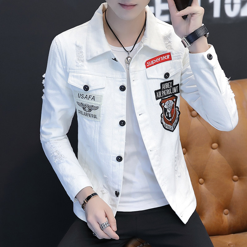 Autumn men's denim jacket 2022 net red with the trend of self-cultivation hole Korean version handsome red printed jacket