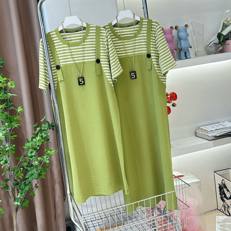 Plus-Size Women's Clothing, Age-Reducing, Summer New Style, Hong Kong Style, Fake Two-Piece, Strap Dress, Covers the Body, Looks Slimming, Versatile and Fashionable Dress